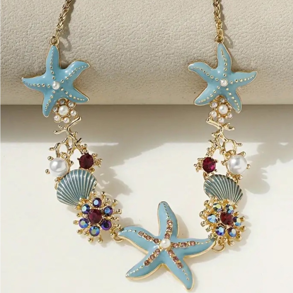 Chic Beach Turquoise Starfish Rhinestone Pearl Mermaid Seashell Necklace NEW! - Picture 6 of 7